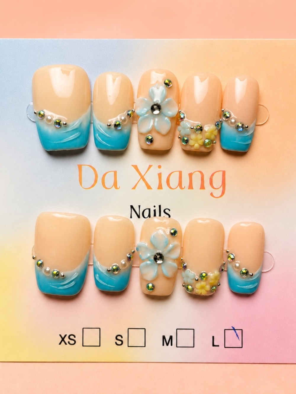 NEW Beach Blue French Tip Press-On Nails | 3D Flowers | Short Square | Large